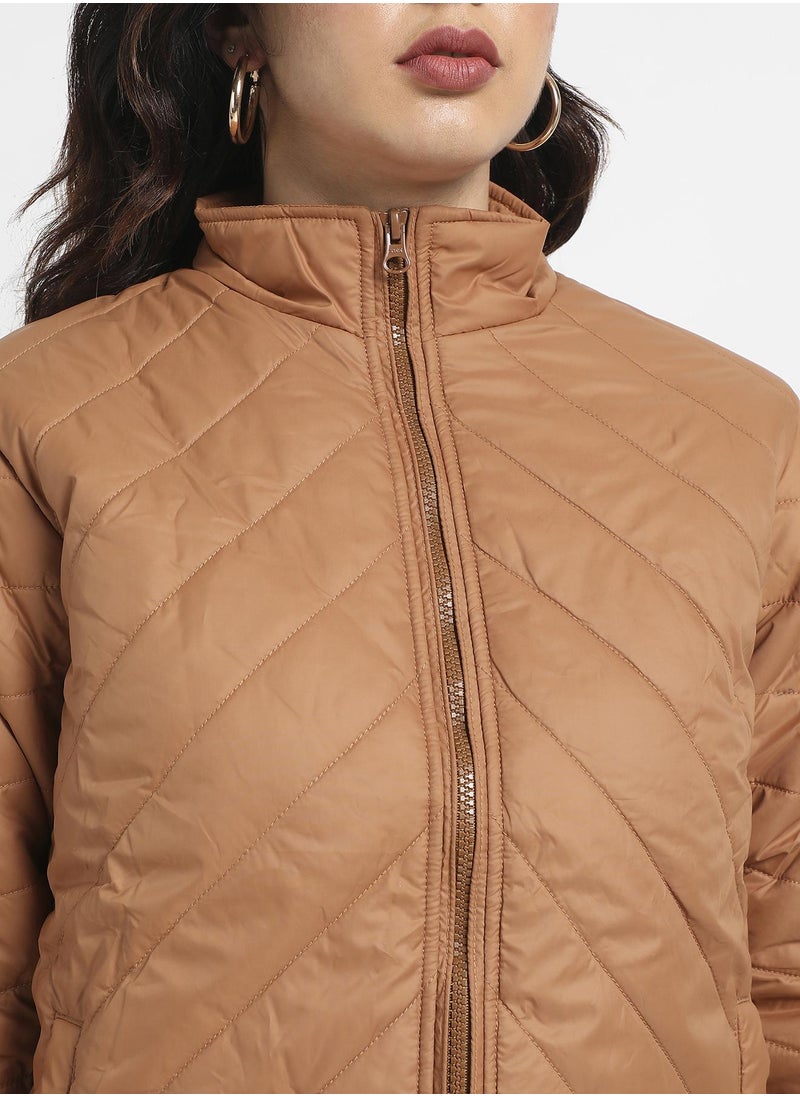 Campus Sutra - Women's Brown Quilted Puffer Jacket With Zip Closure - Image 1