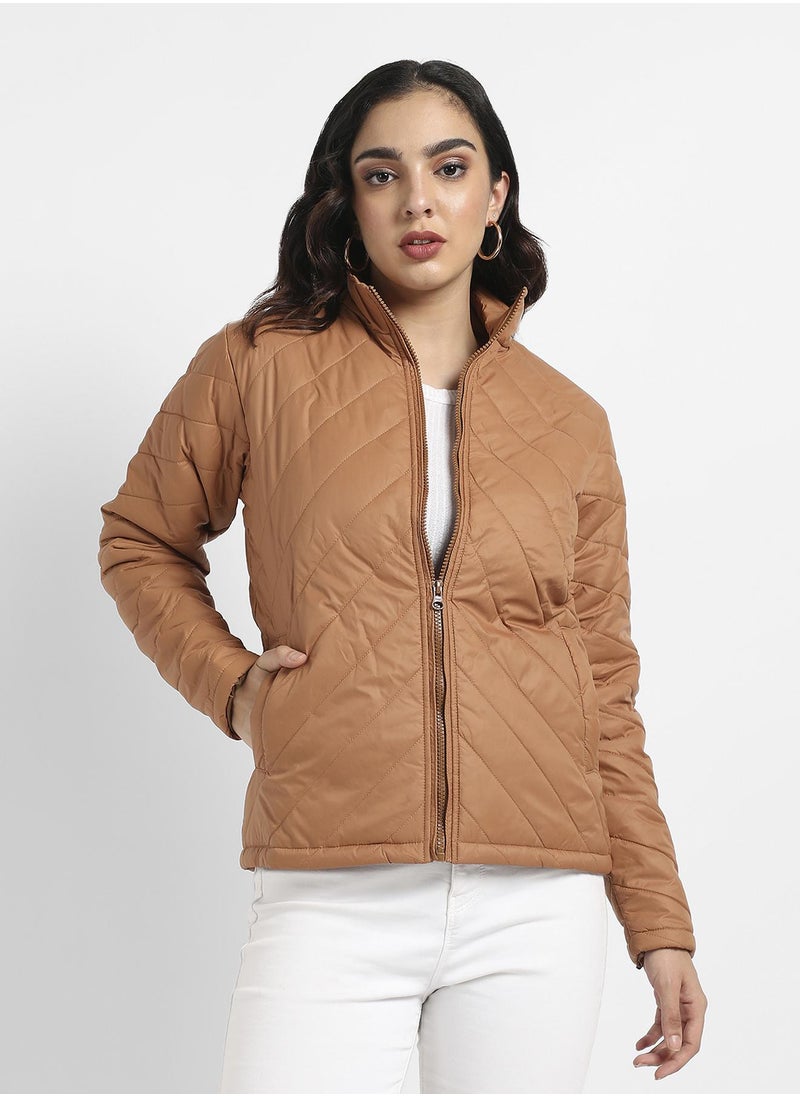 Campus Sutra - Women's Brown Quilted Puffer Jacket With Zip Closure - Image 1