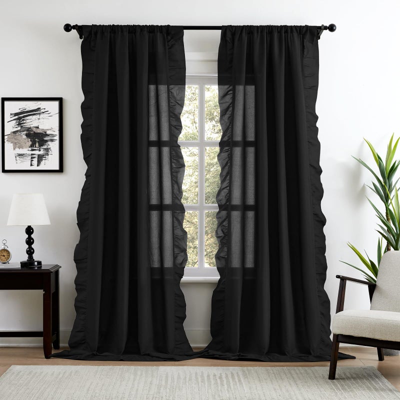 SEEKRIGHT Black Ruffle Curtains 84 Inches Long 2 Panels for Bedroom Living Room Rod Pocket Light Filtering Classic Victorian Gothic Ruffle Curtains for Modern Window Drapes Privacy Decor Soft Touch Fabric 52x84 - Image 1