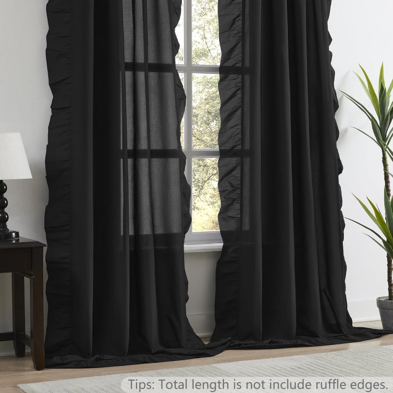 SEEKRIGHT Black Ruffle Curtains 84 Inches Long 2 Panels for Bedroom Living Room Rod Pocket Light Filtering Classic Victorian Gothic Ruffle Curtains for Modern Window Drapes Privacy Decor Soft Touch Fabric 52x84 - Image 2