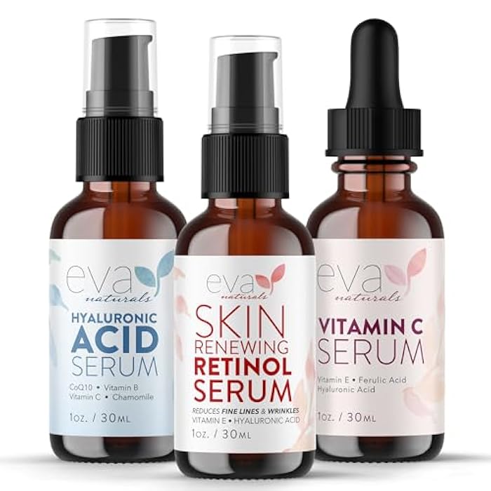 Eva Naturals Anti-Aging Serum Set – Vitamin C, Retinol & Hyaluronic Acid Serums for Face, Hydrating Bundle for Skin, Fine Lines, Wrinkles, Collagen, Firming, Plumping, Radiance & Youthful Hydration - Image 1