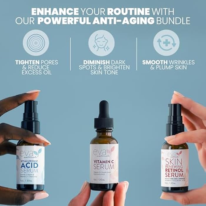 Eva Naturals Anti-Aging Serum Set – Vitamin C, Retinol & Hyaluronic Acid Serums for Face, Hydrating Bundle for Skin, Fine Lines, Wrinkles, Collagen, Firming, Plumping, Radiance & Youthful Hydration - Image 2