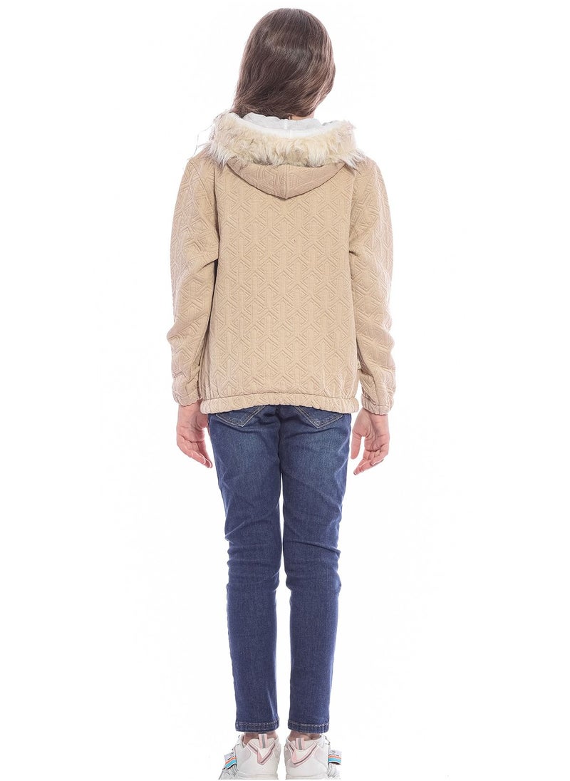 KTK by Katakit - Beige Hooded Casual Jacket With Detail For Girls - Image 1