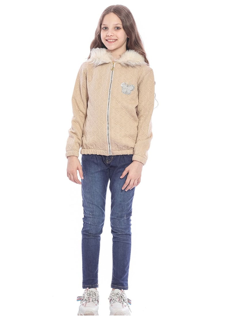 KTK by Katakit - Beige Hooded Casual Jacket With Detail For Girls - Image 1
