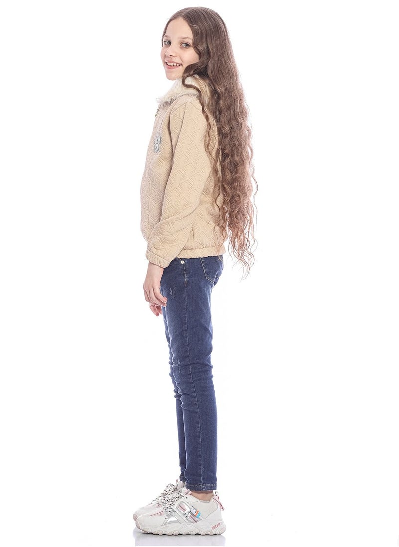 KTK by Katakit - Beige Hooded Casual Jacket With Detail For Girls - Image 1