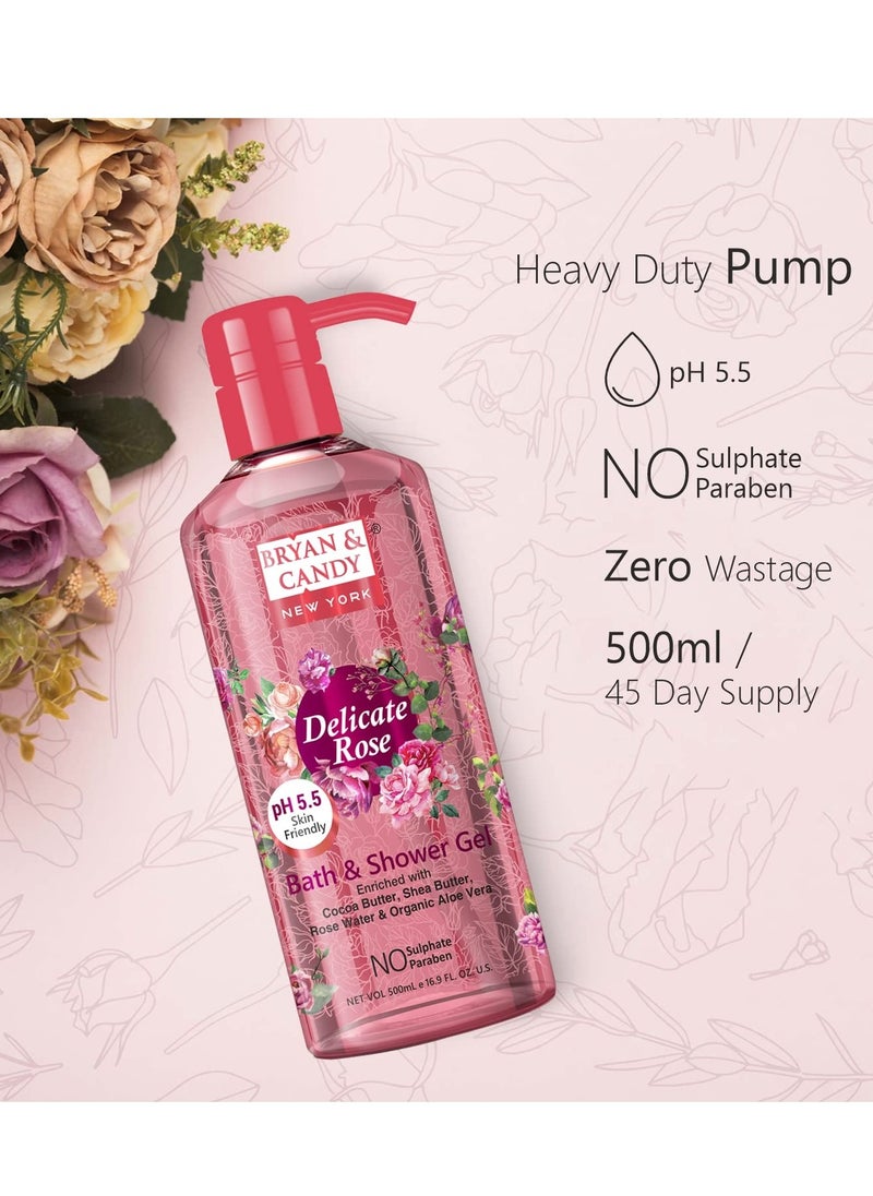 BRYAN & CANDY - Bryan And Candy Delicate Rose Bath And Shower Gel Enriched with Cocoa Butter Shea Butter Rose Water Organic Aloe Vera Skin Friendly pH 5.5 All Skin Types 500ML - Image 1