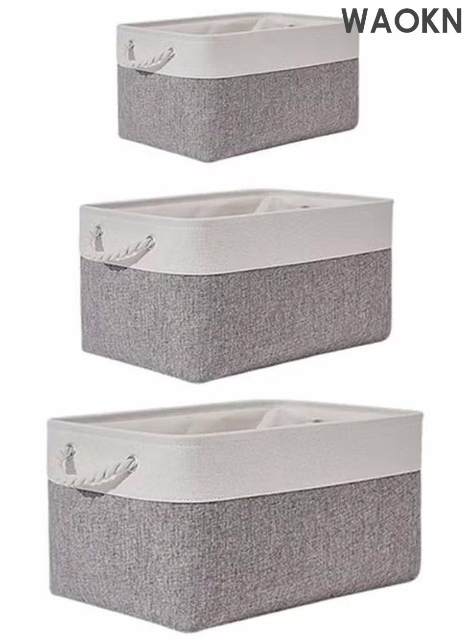 3PCS Cotton Linen Storage Box Foldable Storage Box Clothes Storage Organizers With Cotton Handle Non-woven Fabric Dustproof Storage Basket durable, and space-saving with Carry Handles,White and gray