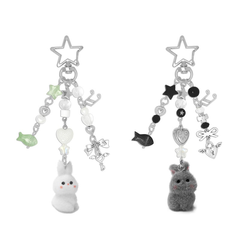 Nalefow Cute Pink Keychain,Fuzzy Cat Keychain Aesthetic Y2K KeychainStylish KeychainsAccessories (Gray & White Rabbit) - Image 1