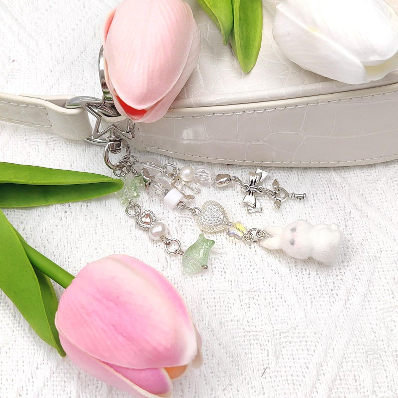 Nalefow Cute Pink Keychain,Fuzzy Cat Keychain Aesthetic Y2K KeychainStylish KeychainsAccessories (Gray & White Rabbit) - Image 3