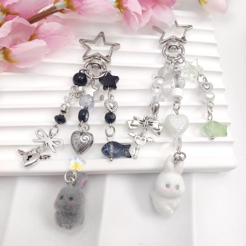 Nalefow Cute Pink Keychain,Fuzzy Cat Keychain Aesthetic Y2K KeychainStylish KeychainsAccessories (Gray & White Rabbit) - Image 5
