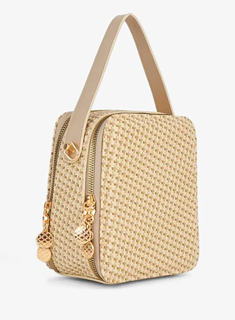Women's Hazer Straw Synthetic Leather 3-Compartment Lined Adjustable Strap Zipper Closure Hand and Shoulder Bag.