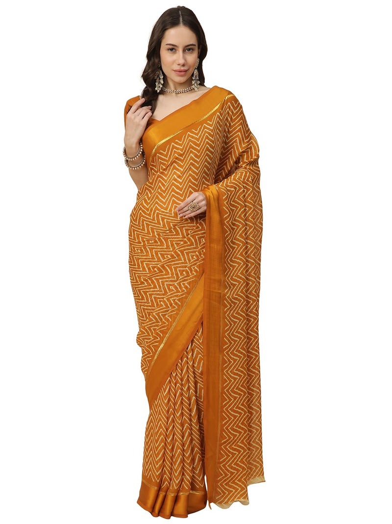 RATAN Women's Satin Georgette Printed Saree with Unstitched Blouse Piece (RRS-BP-21891_Mustard Yellow) - Image 1