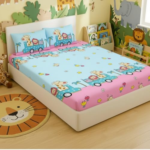 Filymore Kids Animal Train Bedsheet for Girls and Boys Room - Cartoon Print Double Bed Queen Size Tc 240 bedsheet with 2 Pillow Covers (90x90 inches, Peach and SkyBlue) - Image 1