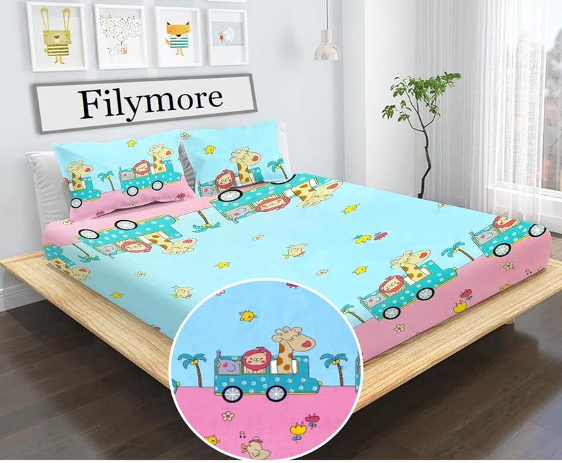 Filymore Kids Animal Train Bedsheet for Girls and Boys Room - Cartoon Print Double Bed Queen Size Tc 240 bedsheet with 2 Pillow Covers (90x90 inches, Peach and SkyBlue) - Image 2