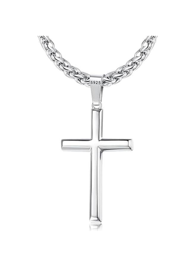 Arabest Silver Cross Necklace for Men Women 925 Sterling Silver Cross Pendant with 3mm Durable Stainless Steel Wheat Cross Chain, Crucifix Pendant Mens Cross Necklace Jewelry, 16-30 Inches - Image 1