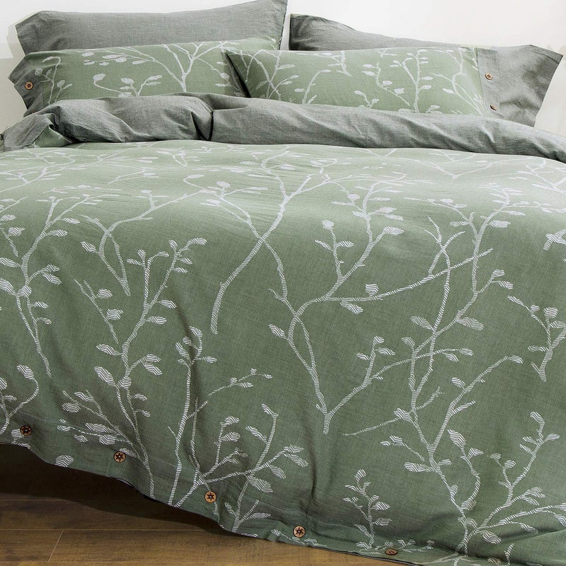 OREISE Duvet Cover Set King Size Washed Cotton Yarn Jacquard Green and White Thick Branch Pattern Floral Style 3Piece Bedding Set