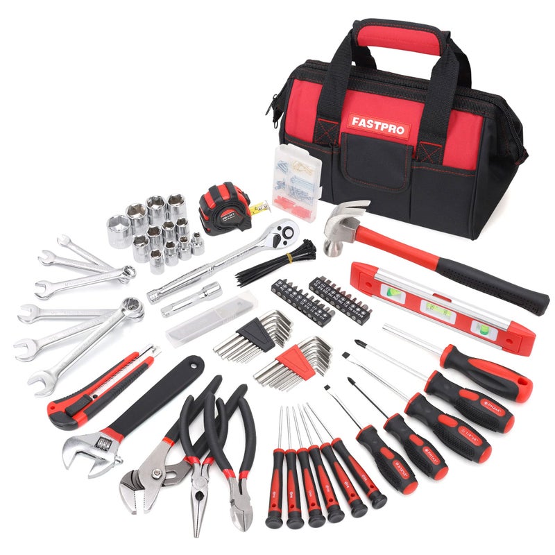 FASTPRO 236-Piece Home Repairing Tool Set, Mechanics Hand Tool Kit with 12-Inch Wide Mouth Open Storage Bag, Household Tool Set for DIY, Home Maintenance, Red - Image 1