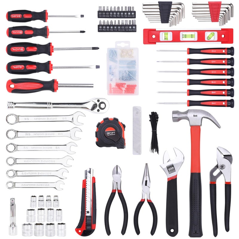 FASTPRO 236-Piece Home Repairing Tool Set, Mechanics Hand Tool Kit with 12-Inch Wide Mouth Open Storage Bag, Household Tool Set for DIY, Home Maintenance, Red - Image 2