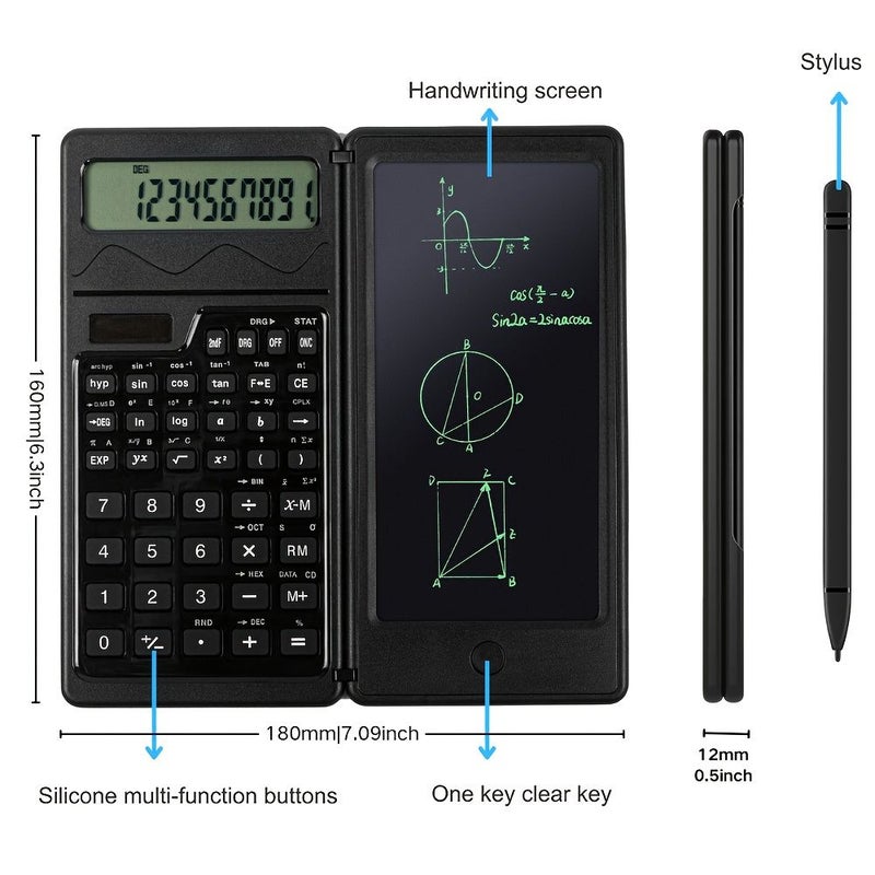 Black Foldable Scientific Calculator 240 Plus Functions Color LCD Writing Tablet Stylus Solar Dual Battery 12 Digit High School College Exam One Touch Clear Back to School 2025 Hot Gift - Image 5