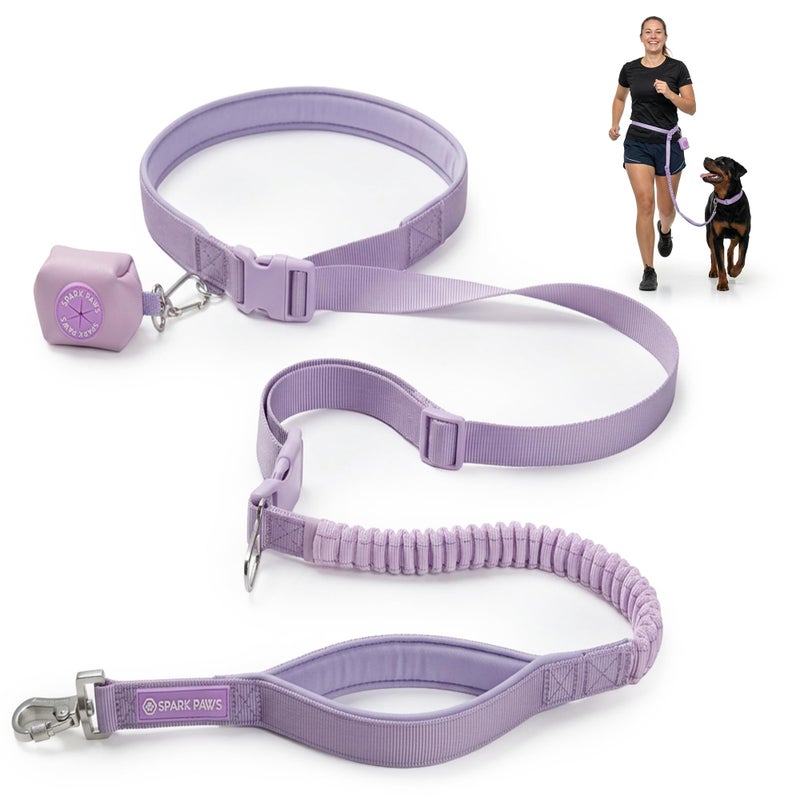 Spark Paws Handsfree Dog Leash Shock Absorbing Waist Bungee Lead for Running Car Seatbelt Clip Poop Bag Set Heavy Duty Tactical Lead for Medium Large XLarge Breeds Lilac - Image 2