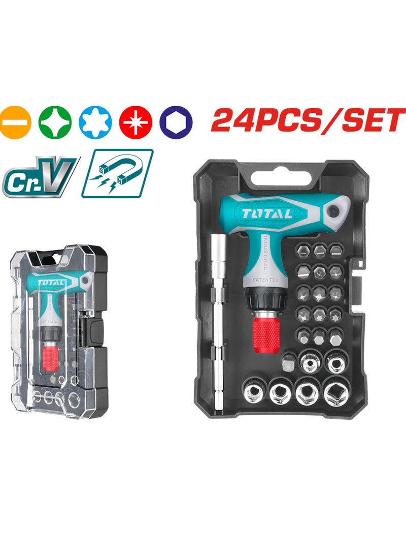 TOTAL - TOTAL 24PCS T-Handle Wrench Screwdriver Set – Includes CR-V Screwdriver Bits, Ratchet Wrench, Magnetic Bit Holder, Socket Set (5mm-10mm) – Ideal for DIY, Home Improvement & Professional Work – Plastic Box Packaging - Image 1