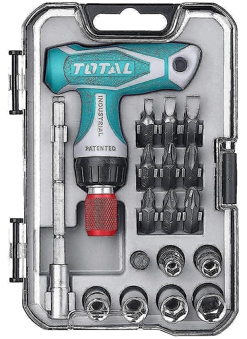 TOTAL - TOTAL 24PCS T-Handle Wrench Screwdriver Set – Includes CR-V Screwdriver Bits, Ratchet Wrench, Magnetic Bit Holder, Socket Set (5mm-10mm) – Ideal for DIY, Home Improvement & Professional Work – Plastic Box Packaging - Image 1