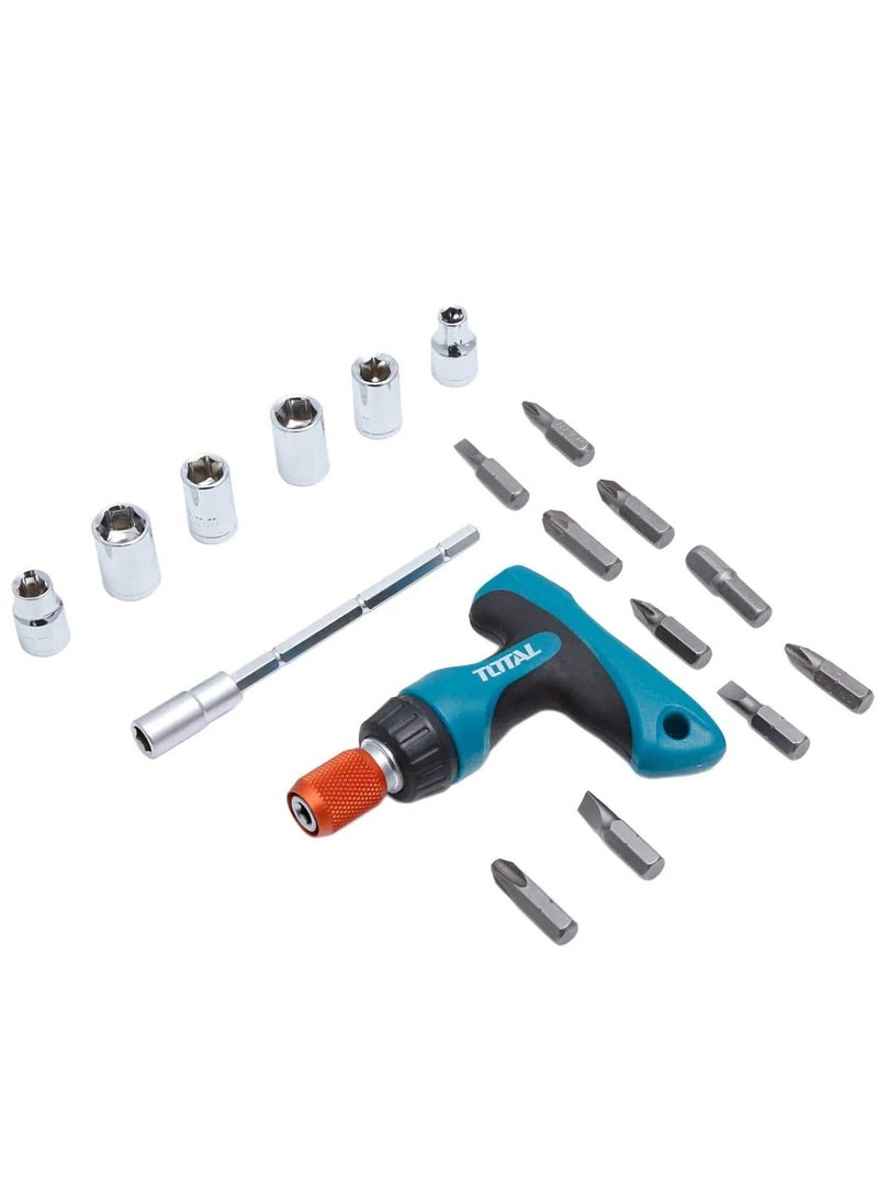 TOTAL - TOTAL 24PCS T-Handle Wrench Screwdriver Set – Includes CR-V Screwdriver Bits, Ratchet Wrench, Magnetic Bit Holder, Socket Set (5mm-10mm) – Ideal for DIY, Home Improvement & Professional Work – Plastic Box Packaging - Image 1