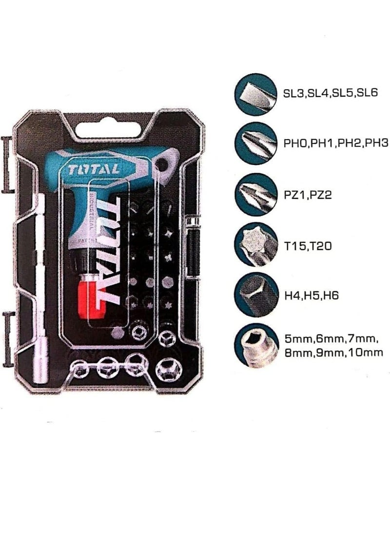 TOTAL - TOTAL 24PCS T-Handle Wrench Screwdriver Set – Includes CR-V Screwdriver Bits, Ratchet Wrench, Magnetic Bit Holder, Socket Set (5mm-10mm) – Ideal for DIY, Home Improvement & Professional Work – Plastic Box Packaging - Image 1
