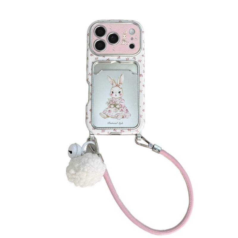 iPhone 15 Pro Max TPU Protective for iPhone 15 15 Plus 15 Pro 15 Pro Max with Card Holder and Small Flower Pattern and Rabbit Pattern in Pink - Image 1