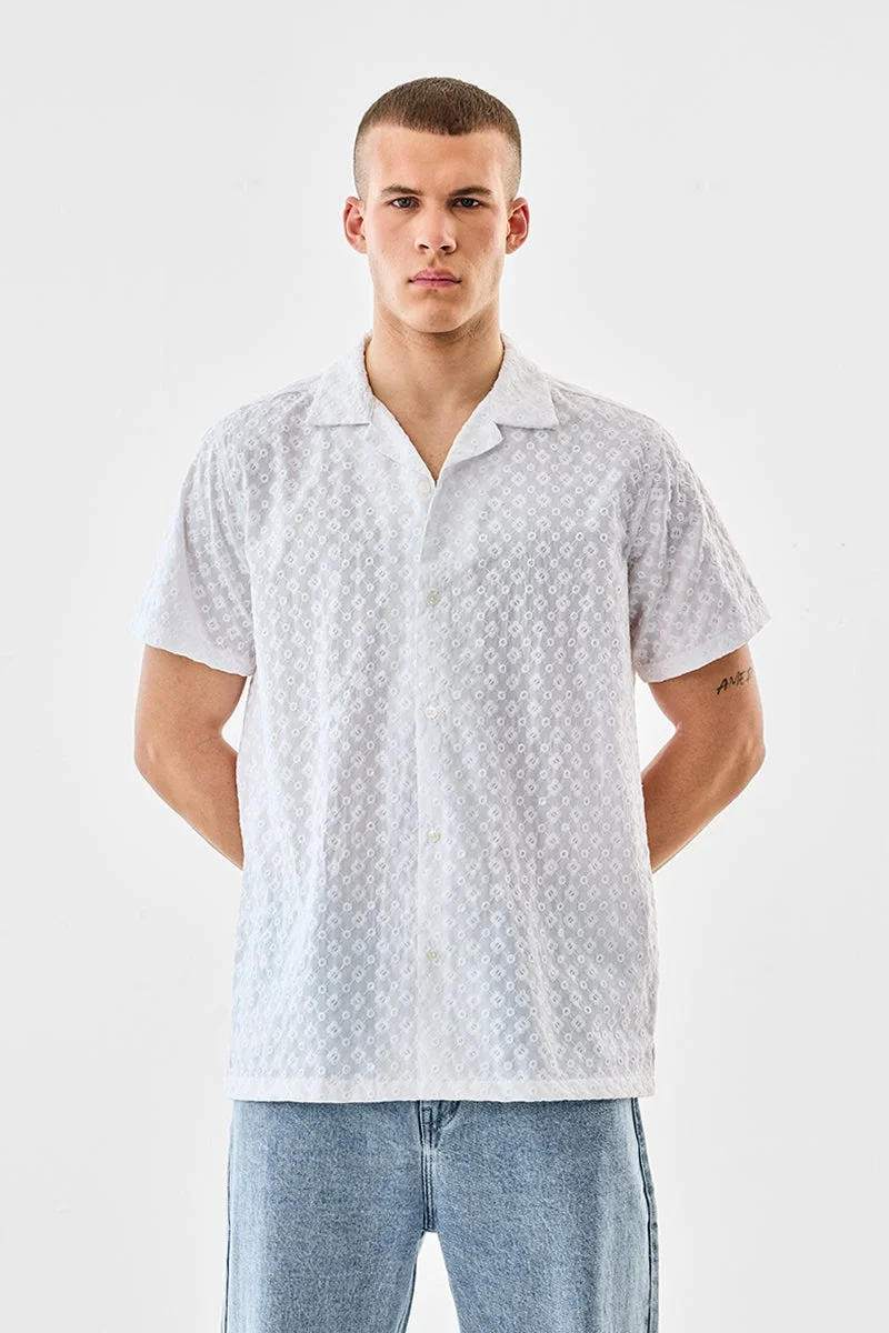 سنيتش White Embroidered Half Sleeve Boxy Shirt