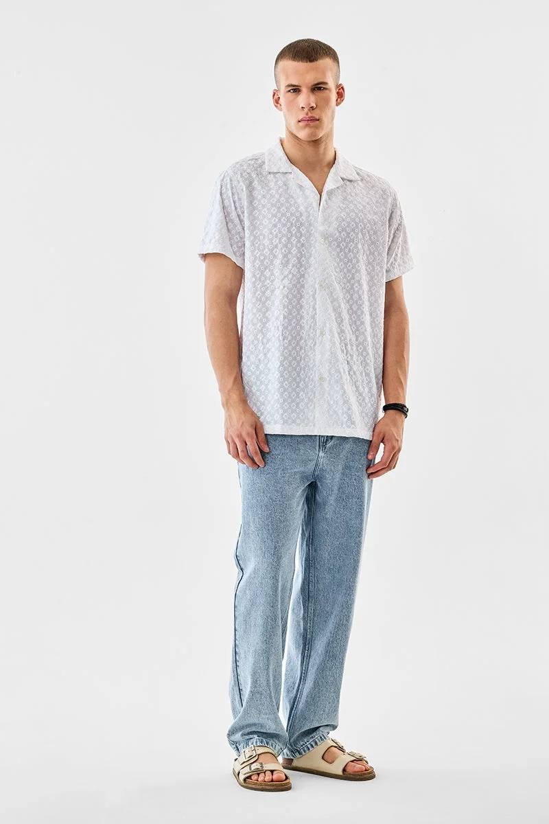 سنيتش White Embroidered Half Sleeve Boxy Shirt