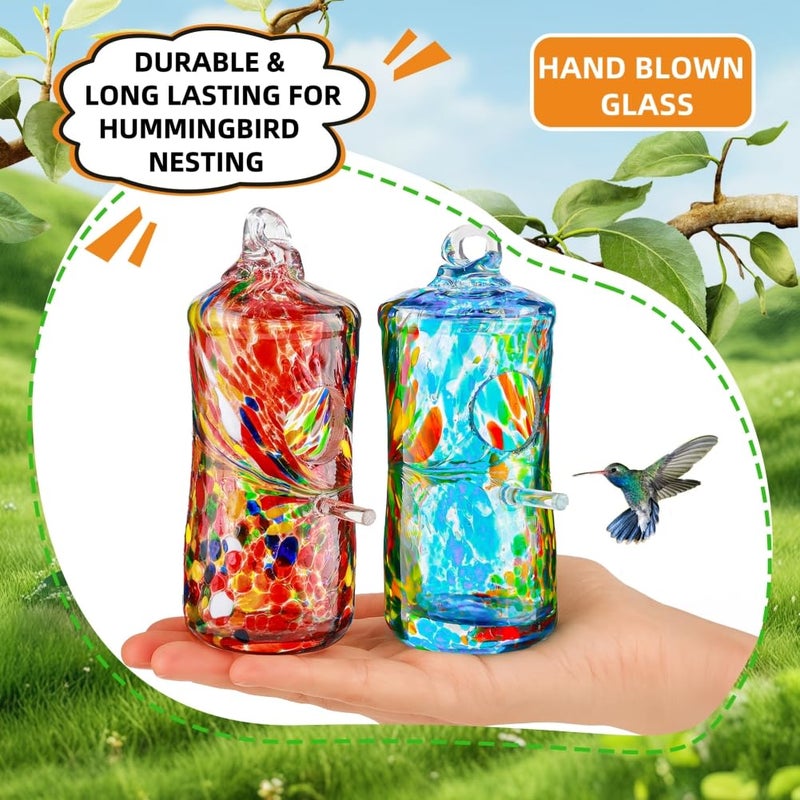 WOSIBO 2 Pack Hummingbird Houses for Outside Hanging Hand Blown Glass Hummingbird Accessories Nest House Bird Houses for Outdoor Patio Garden Decoration - Image 4