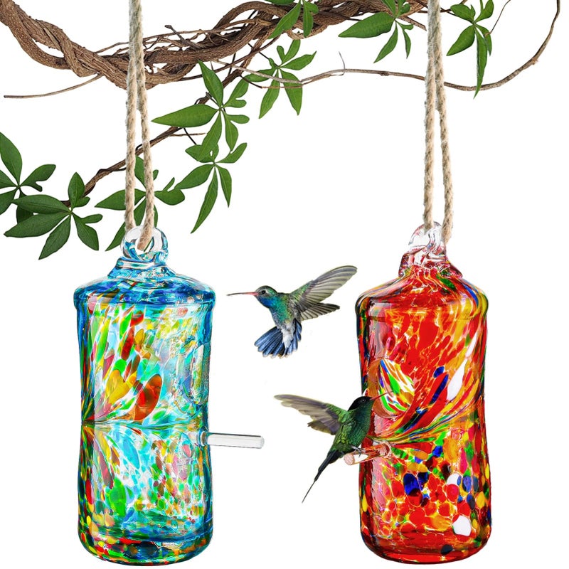 WOSIBO 2 Pack Hummingbird Houses for Outside Hanging Hand Blown Glass Hummingbird Accessories Nest House Bird Houses for Outdoor Patio Garden Decoration - Image 1