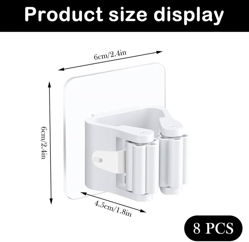 ALMEKAQUZ Self Adhesive Broom Holder - Wall Mounted, 8 Pack, White - Image 2
