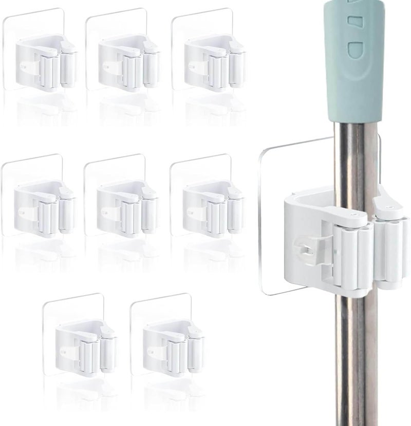 ALMEKAQUZ Self Adhesive Broom Holder - Wall Mounted, 8 Pack, White - Image 1