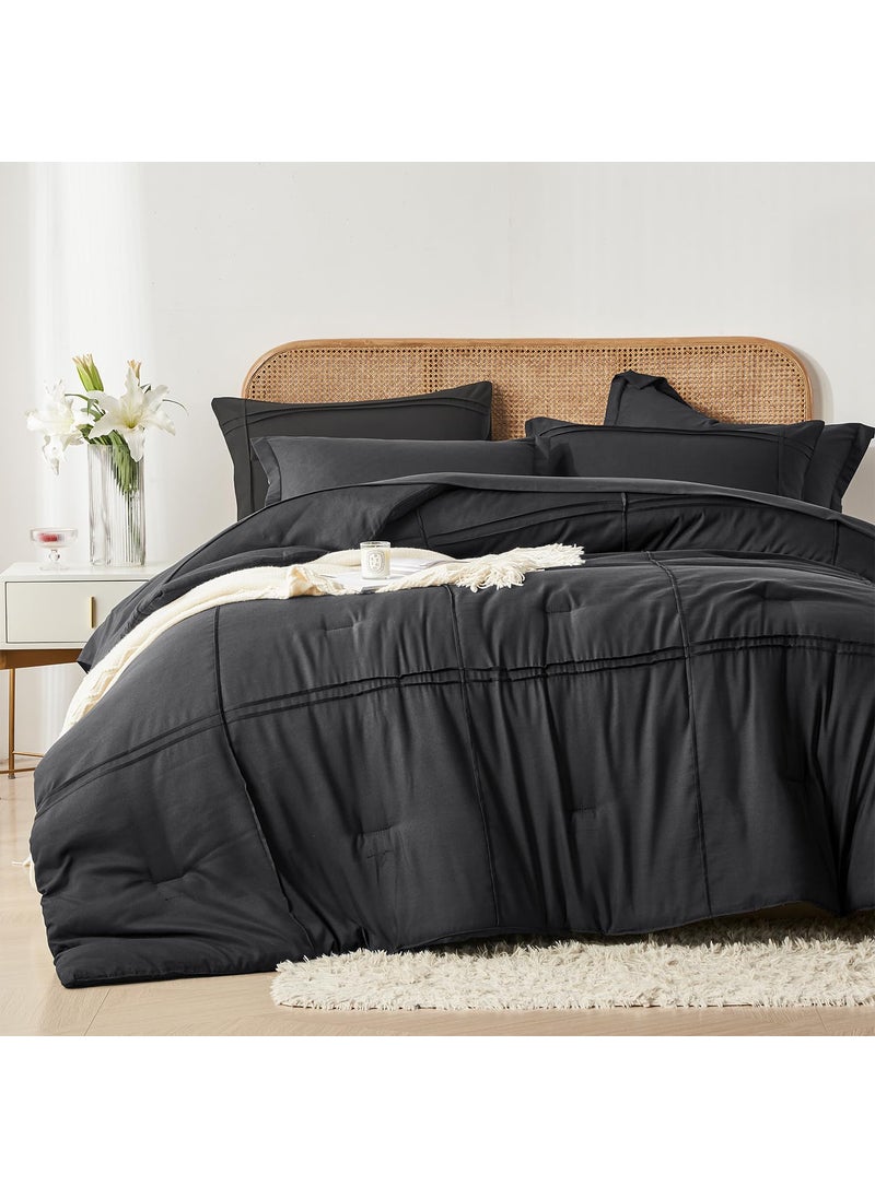Yogeneg Yogeneg King Size Comforter Set 7 Piece Bed in a Bag Grid Pinch Pleat Black Bedding Set Striped Textured Soft Microfiber Comforter with Sheet Set All Season Complete Bed Set(Black King)  - Image 2