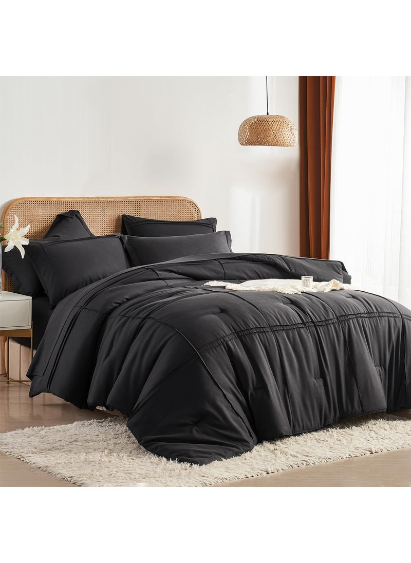 Yogeneg Yogeneg King Size Comforter Set 7 Piece Bed in a Bag Grid Pinch Pleat Black Bedding Set Striped Textured Soft Microfiber Comforter with Sheet Set All Season Complete Bed Set(Black King)  - Image 1