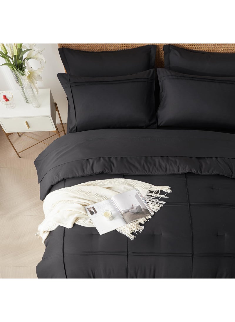 Yogeneg Yogeneg King Size Comforter Set 7 Piece Bed in a Bag Grid Pinch Pleat Black Bedding Set Striped Textured Soft Microfiber Comforter with Sheet Set All Season Complete Bed Set(Black King)  - Image 3