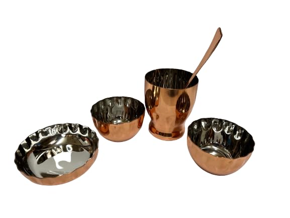 Dynore Stainless Steel 7 Pcs Copper Plated Dinner Set- Thali, Glass, 2 Wati, Halwa Bowl, Fork and Spoon, Dinnerware, Tableware - Image 5