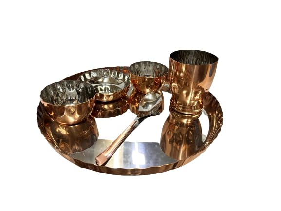 Dynore Stainless Steel 7 Pcs Copper Plated Dinner Set- Thali, Glass, 2 Wati, Halwa Bowl, Fork and Spoon, Dinnerware, Tableware - Image 4