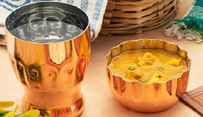 Dynore Stainless Steel 7 Pcs Copper Plated Dinner Set- Thali, Glass, 2 Wati, Halwa Bowl, Fork and Spoon, Dinnerware, Tableware - Image 2