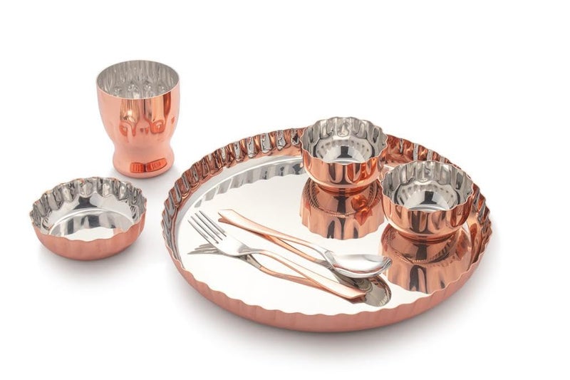 Dynore Stainless Steel 7 Pcs Copper Plated Dinner Set- Thali, Glass, 2 Wati, Halwa Bowl, Fork and Spoon, Dinnerware, Tableware - Image 1