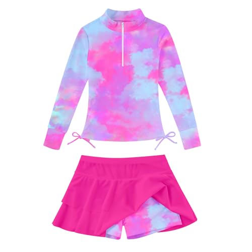 Vogseek Kids Hot Pink Bathing Suits for Girl 5t 6t Tie Dye Swimsuits with Short Skirts 5-6 Years Little Girls Summer Beach Quick Dry Rashguard Long Sleeve Shirts Size 5 6 Child UPF 50+ Sun Protection Sunsuits - Image 4