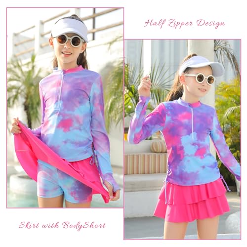 Vogseek Kids Hot Pink Bathing Suits for Girl 5t 6t Tie Dye Swimsuits with Short Skirts 5-6 Years Little Girls Summer Beach Quick Dry Rashguard Long Sleeve Shirts Size 5 6 Child UPF 50+ Sun Protection Sunsuits - Image 2
