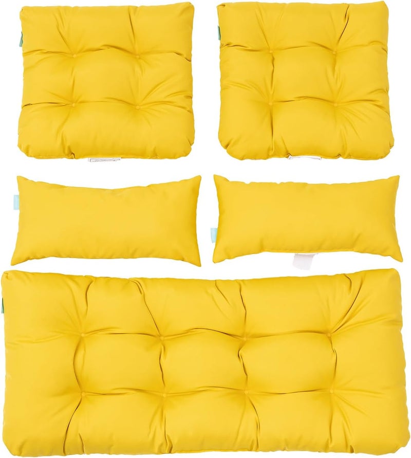 QILLOWAY Outdoor Patio Wicker Seat Cushions Group Loveseat/Two U-Shape/Two Lumbar Pillows for Patio Furniture,Wicker Loveseat,Bench,Porch,Settee of 5 (Yellow) - Image 1