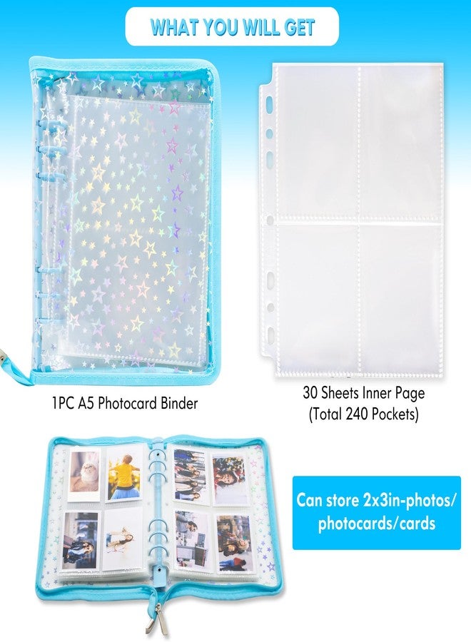 Tugle Kpop Photocard Binder Holder with 30 Pack 4-Pocket Inner Pages, A5 6 Ring Cover Album Book with Zipper for Organizing Trading Card (Blue) - Image 3