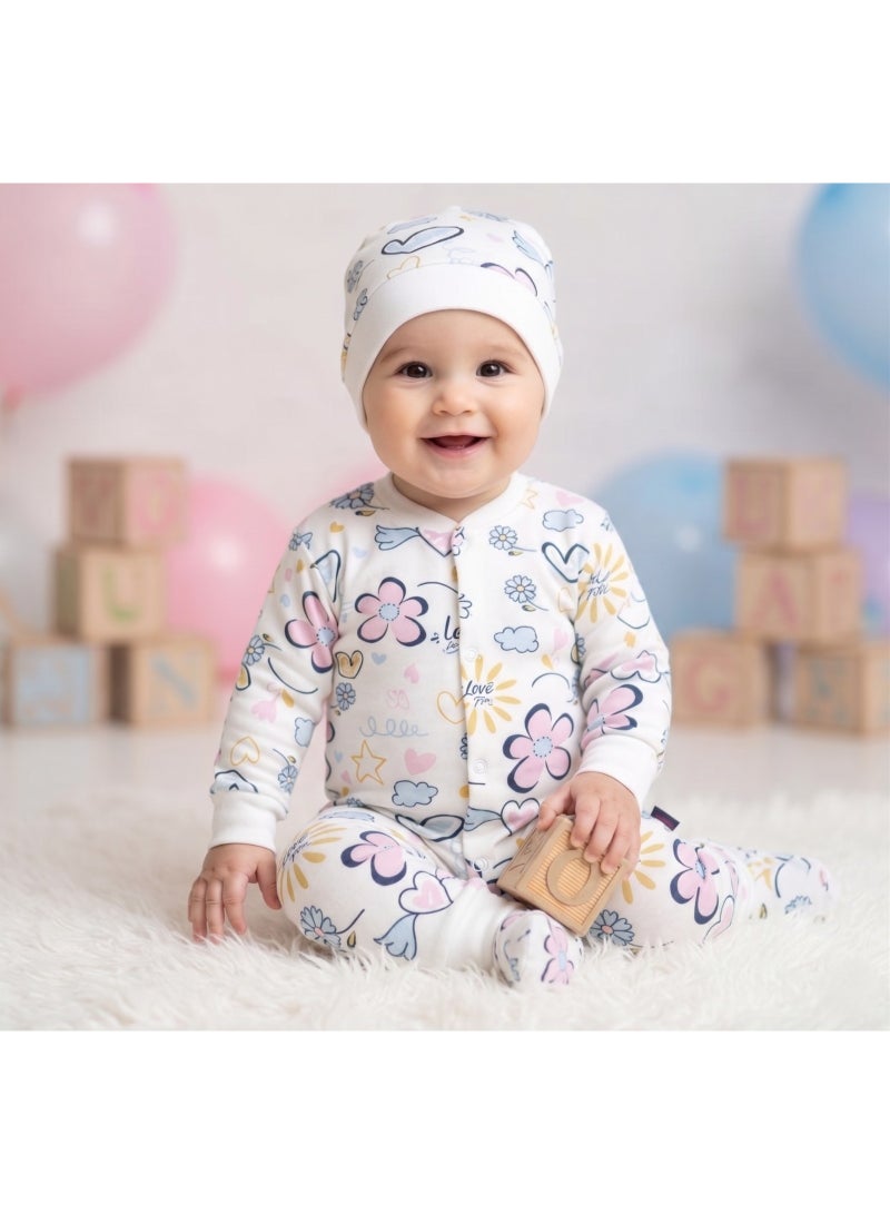 Two-piece baby set in a floral print, pure treated cotton — Long-sleeved cotton romper with a hat, perfect for hospital, baby shower, or welcoming a newborn. Cute and comfortable design. Code 6501 - Image 1