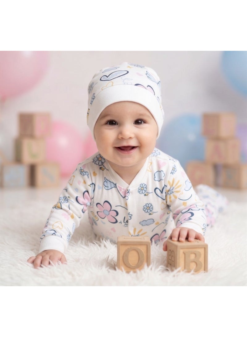 Two-piece baby set in a floral print, pure treated cotton — Long-sleeved cotton romper with a hat, perfect for hospital, baby shower, or welcoming a newborn. Cute and comfortable design. Code 6501 - Image 2