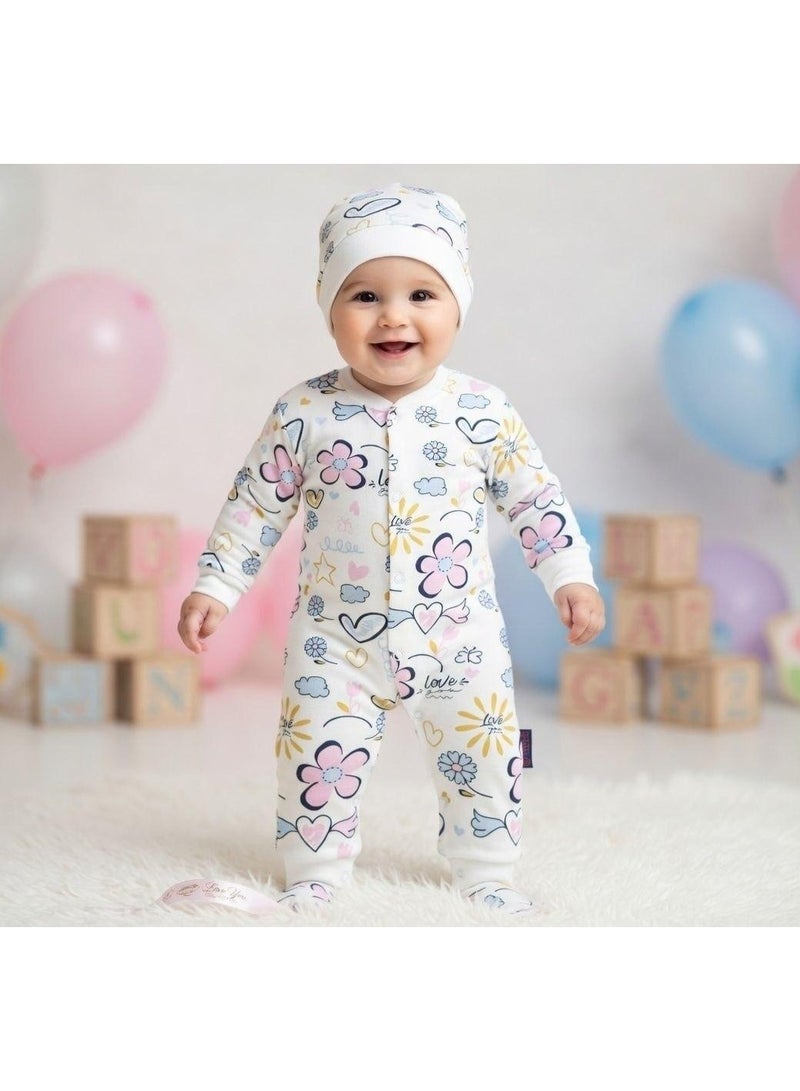 Two-piece baby set in a floral print, pure treated cotton — Long-sleeved cotton romper with a hat, perfect for hospital, baby shower, or welcoming a newborn. Cute and comfortable design. Code 6501 - Image 3