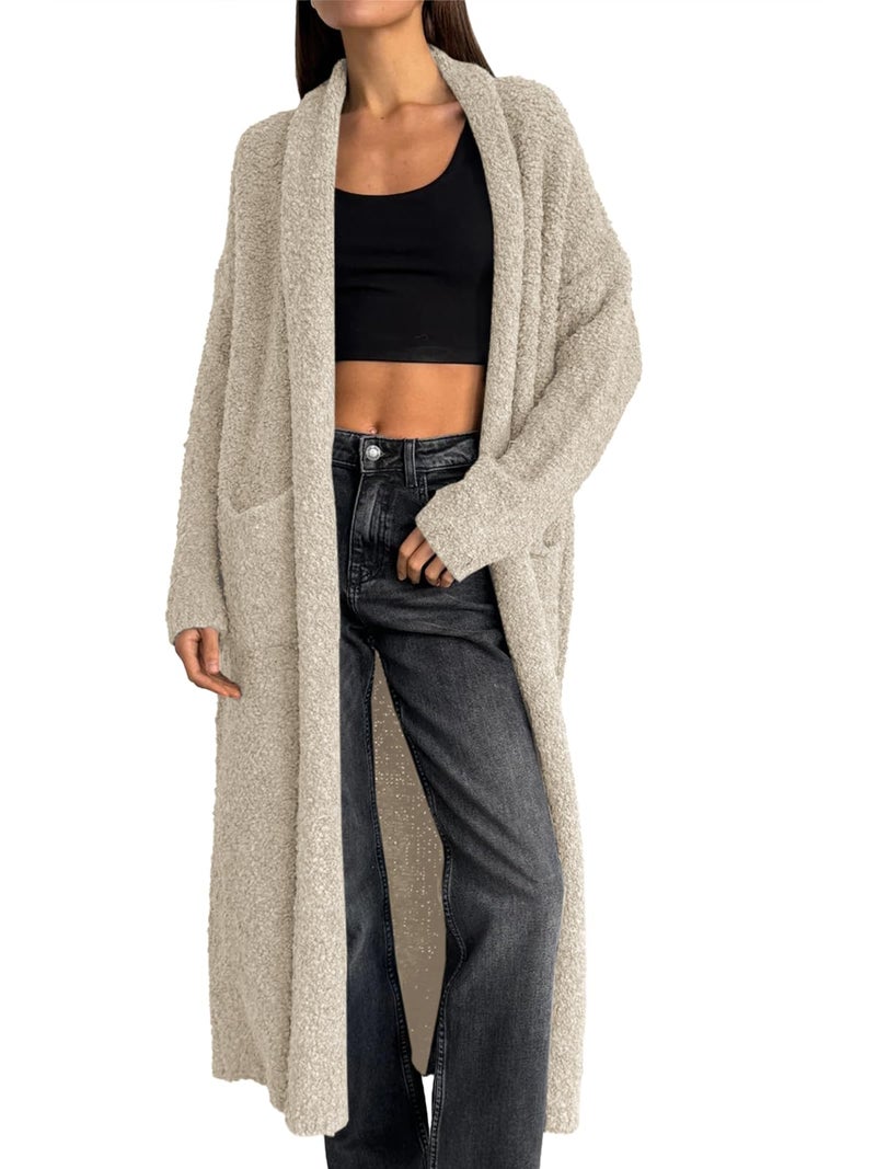 Saodimallsu Womens Open Front Long Cardigan Sweaters Oversized Chunky Fuzzy Lapel Fall 2025 Trendy Duster Sweater Coats Khaki - Image 1